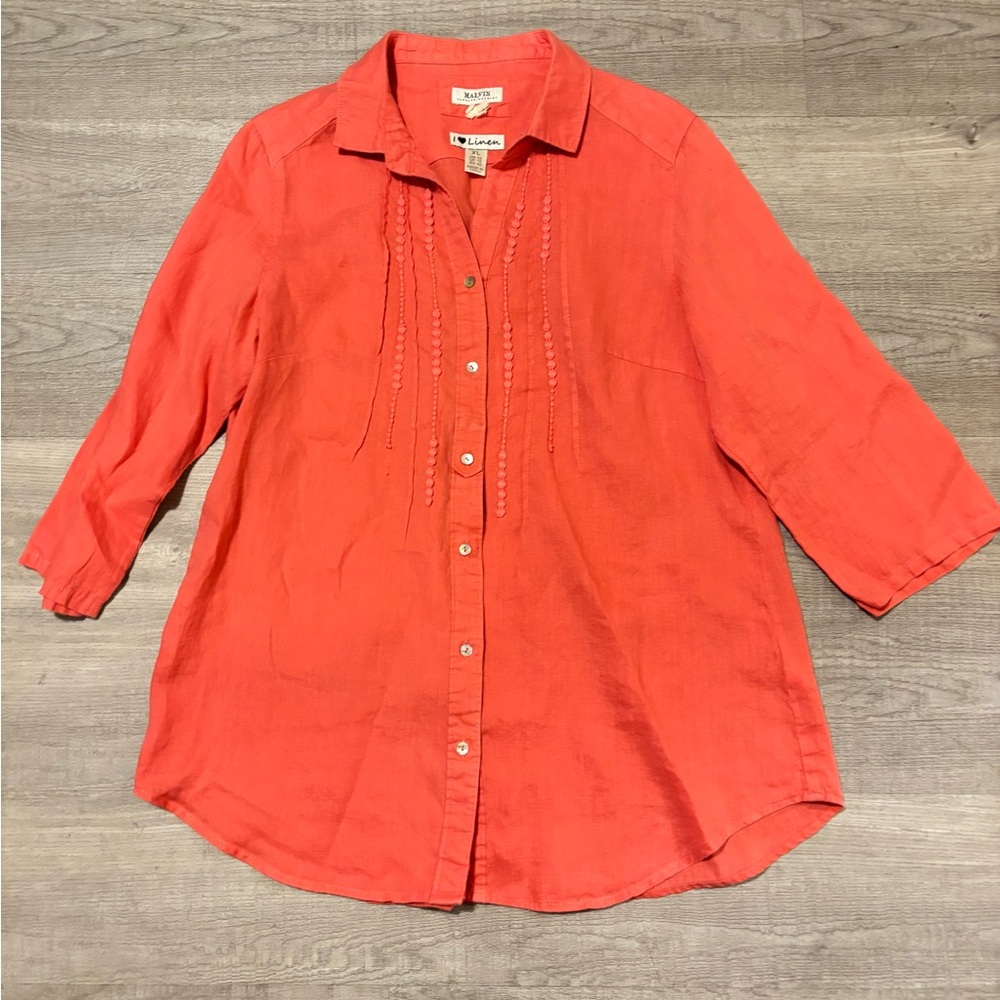 EUC Malvin Germany Women’s XL I Love Linen Pink 100% Linen Button Down Shirt